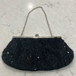Black Beaded Satin Evening Bag Removable Chain Handle‎ -EUC